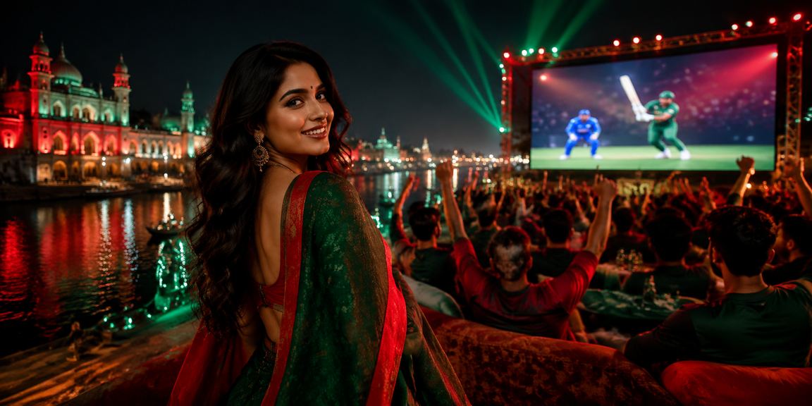 A Bangladeshi bettor in red and green attire reading cricket betting tips on abc444 in Sonargaon