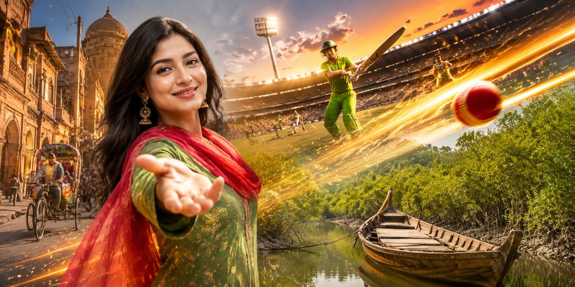 সুন্দরবনের প্রেক্ষাপটে একজন বাংলাদেশি মডেল abc444 প্ল্যাটফর্মে ক্রিকেট বেটিং উপভোগ করছেন